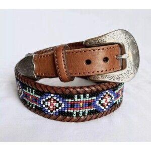 Vintage 90s Eddie Bauer Beaded Western Brown Leather Belt Size 28 Read